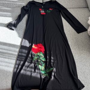 Chic Black Dress with Red Rose Embroidery